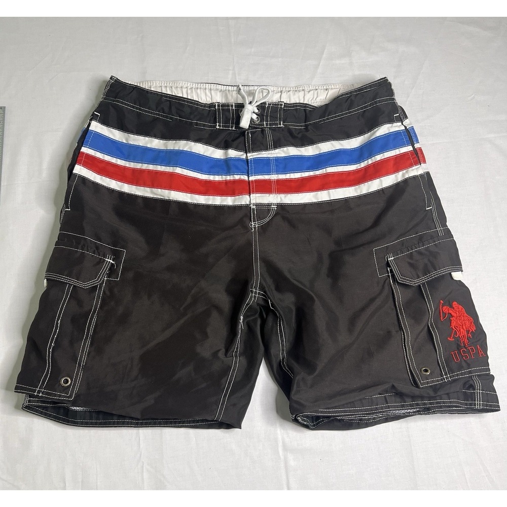 US Polo Assn Men XL Cargo Line Elastic‎ Swim Trunks Red Blue White Ponyboy